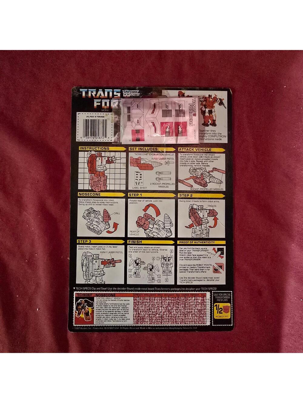 Transformers G1, 1987 NOSECONE Card Back Ans Stickers Unused Vintage Hasbro